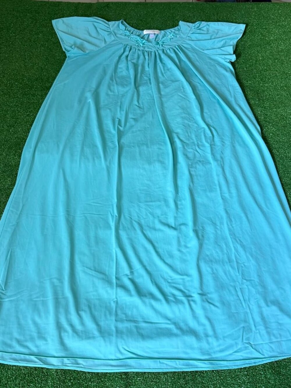 Miss Elaine Long Tricot Nightgown Turquoise Short Sleeve Cozy Sleep Dress XL